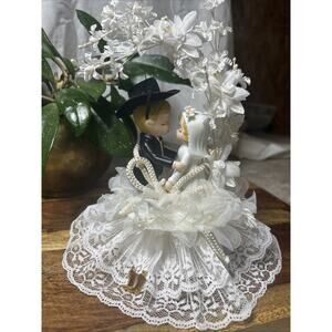 Country Wedding Cake Topper with Ring Pouches and Protective Cover Bride Groom